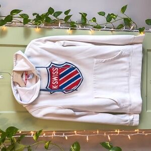 Women's K-Swiss Oversized Chest Patch Logo Red Blue White Hoodie S